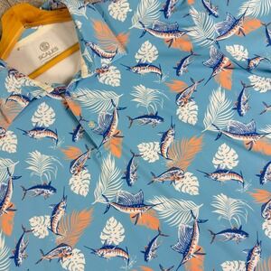 Scales Golf‎ Polo Shirt Mens 2XL Blue Fish Print Swordfish Marlin Performance